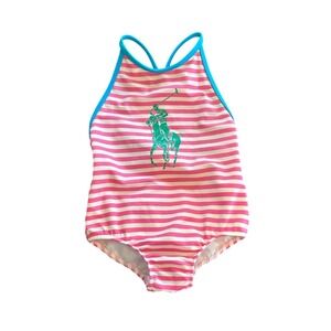 Ralph Lauren Baby Girls Pink Striped Ruffle Butt Big Pony One Piece Swimsuit 12M